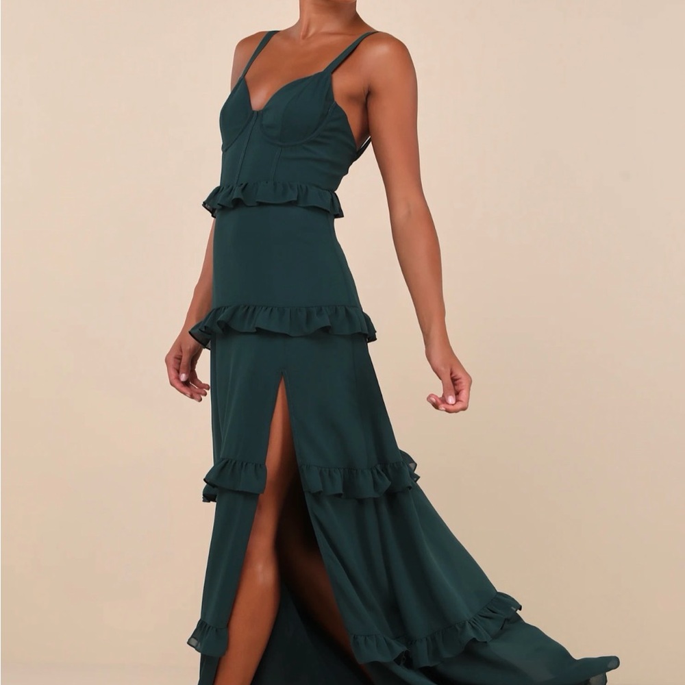 Lulu's Deep Green Ruffle Slit Dress